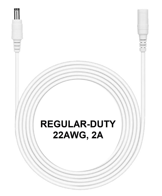 10-ft Power Extension Cable (White) - REGULAR-DUTY - 22AWG - 2A - 5.5mm x 2.1mm Barrel Connectors - Works with Battery Eliminator Kits