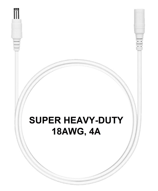 3.3-ft Power Extension Cable (White) - SUPER HEAVY-DUTY - 18AWG - 4A - 5.5mm x 2.1mm Barrel Connectors - Works with Battery Eliminator Kits